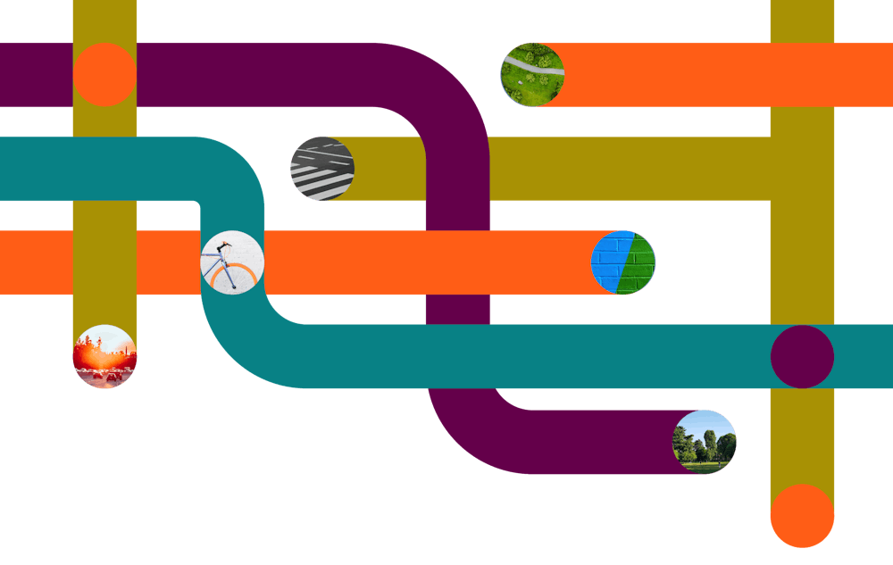 Colorful lines with images at the end.