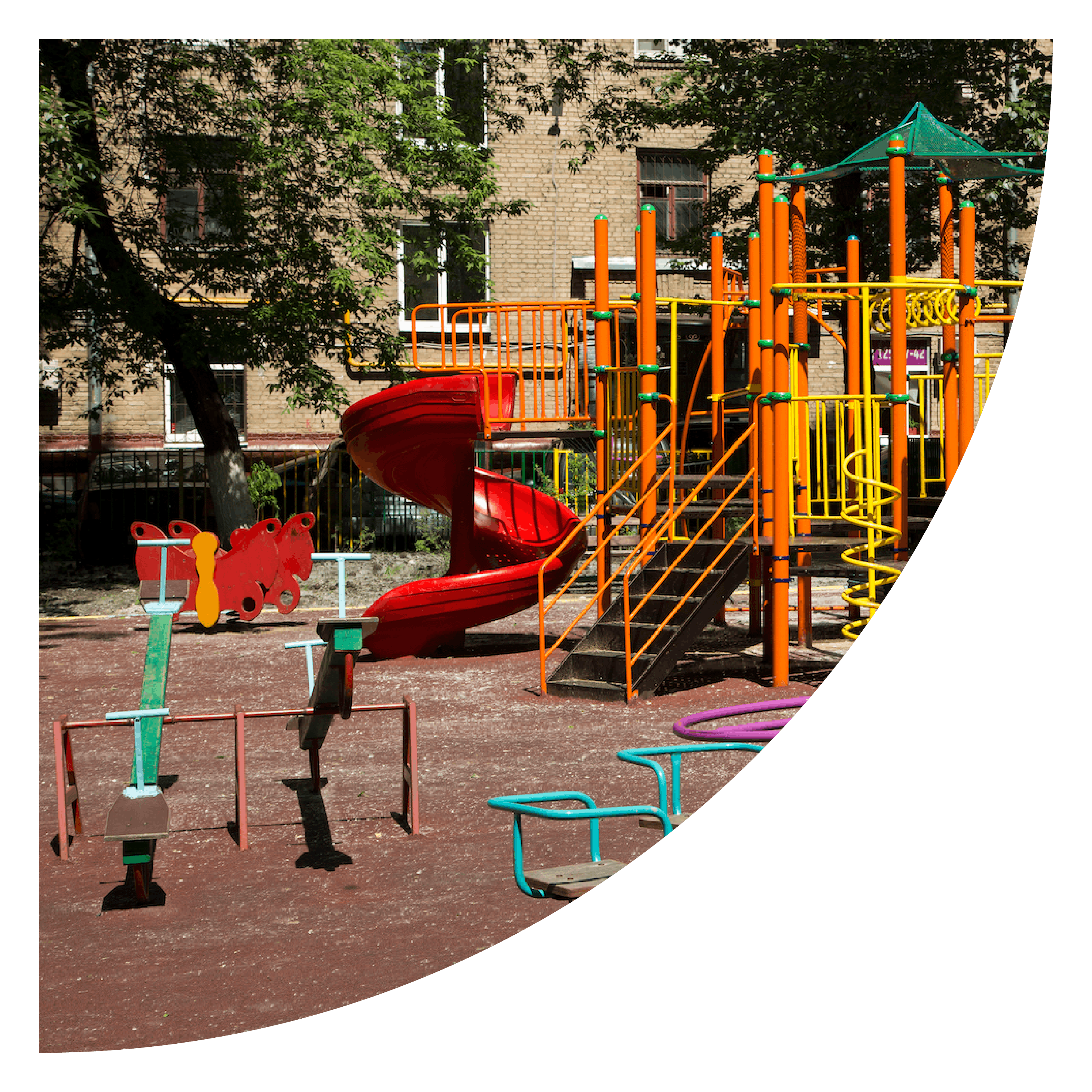 A colorful playground with lots of equipment